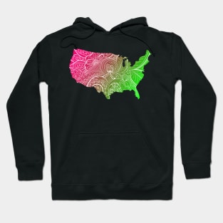 Colorful mandala art map of the United States of America in pink and green Hoodie